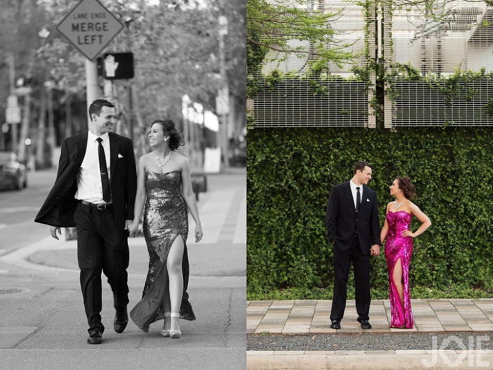 formal downtown houston engagement session at night with the city skyline by Joie Photographie 