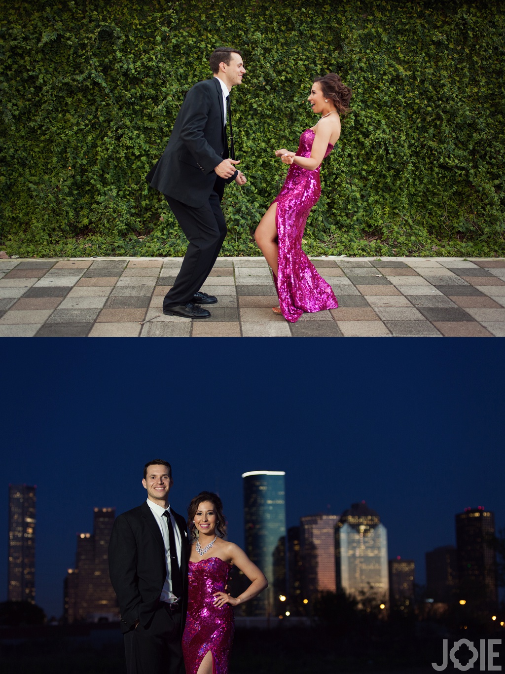 formal downtown houston engagement session at night by Joie Photographie 
