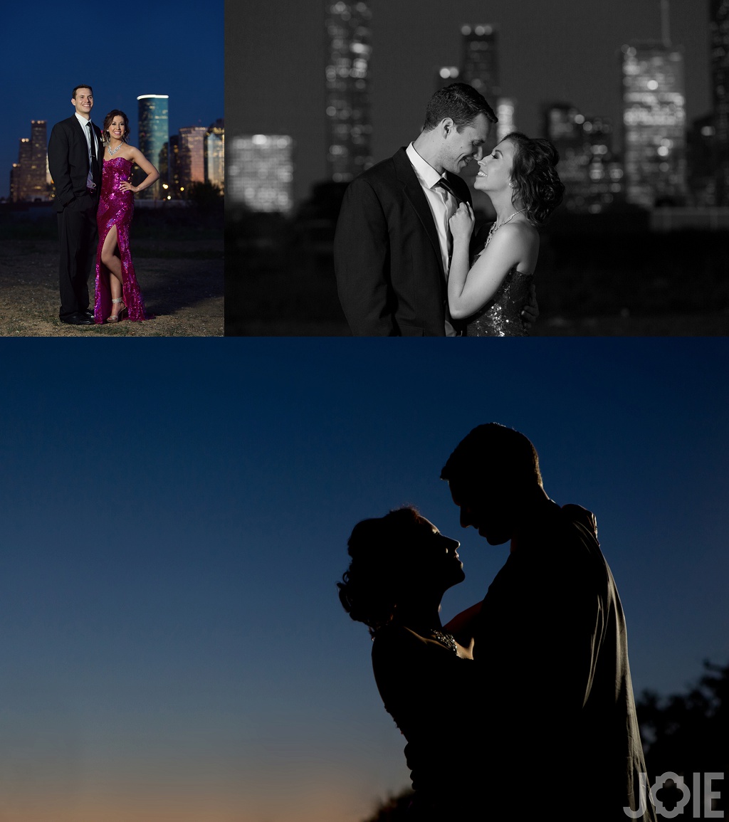 formal downtown houston engagement session at night with city skyline by Joie Photographie 